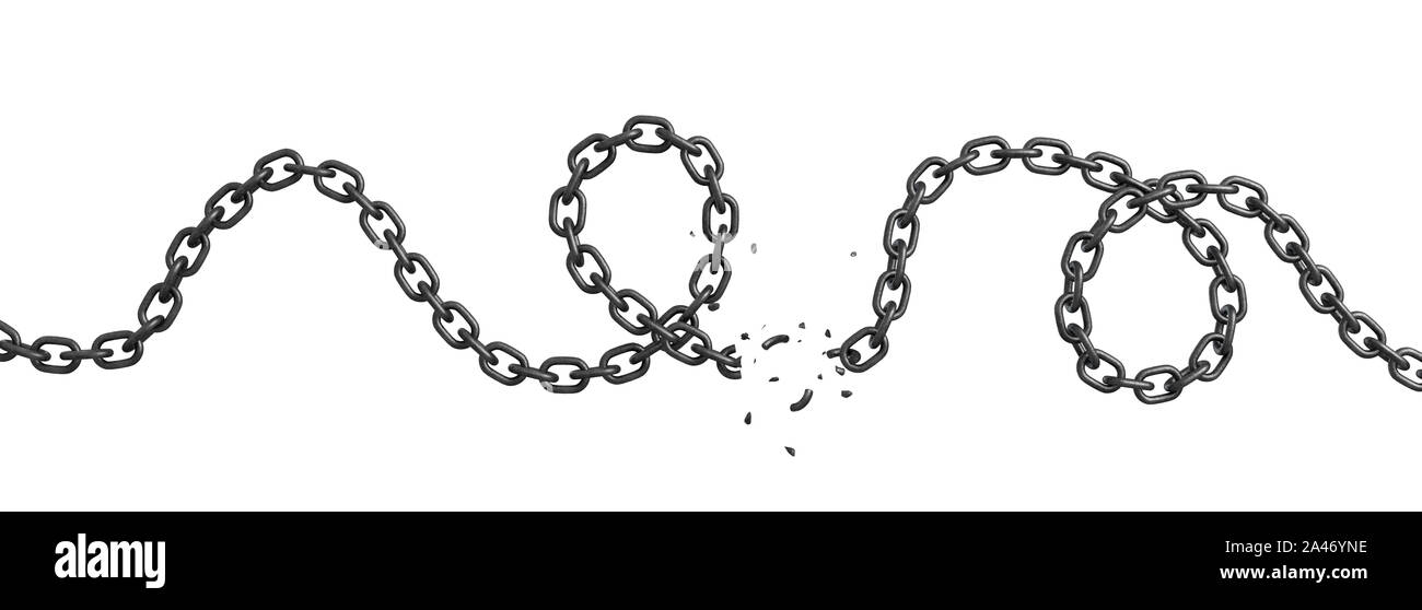 Representación 3D de una cadena de hierro ondulado por la mitad roto y  acostado sobre un fondo blanco. La libertad de las restricciones. Romper  todas las cadenas. Escapar boundarie Fotografía de stock -