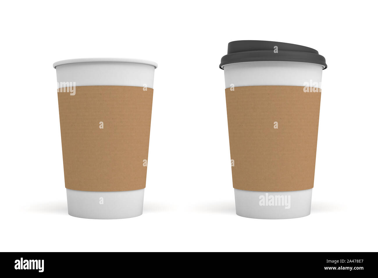 Representación 3D de dos tazas de café blanco con fundas de cartón, una  taza con una tapa negra y uno abierto. Takeout café. Cafetería Fotografía  de stock - Alamy