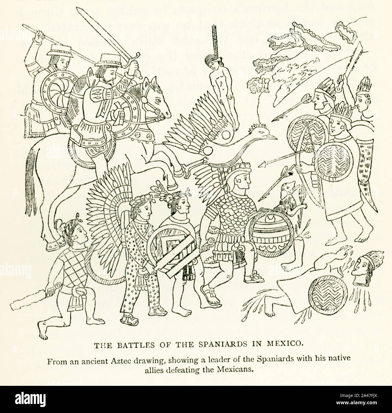 Esta ilustración muestra "Las batallas de los españoles en México. Desde un dibujo aztecas, mostrando un líder de los españoles con sus aliados nativos derrotando a los mexicanos". El periodo es de principios de los años 1500. Foto de stock