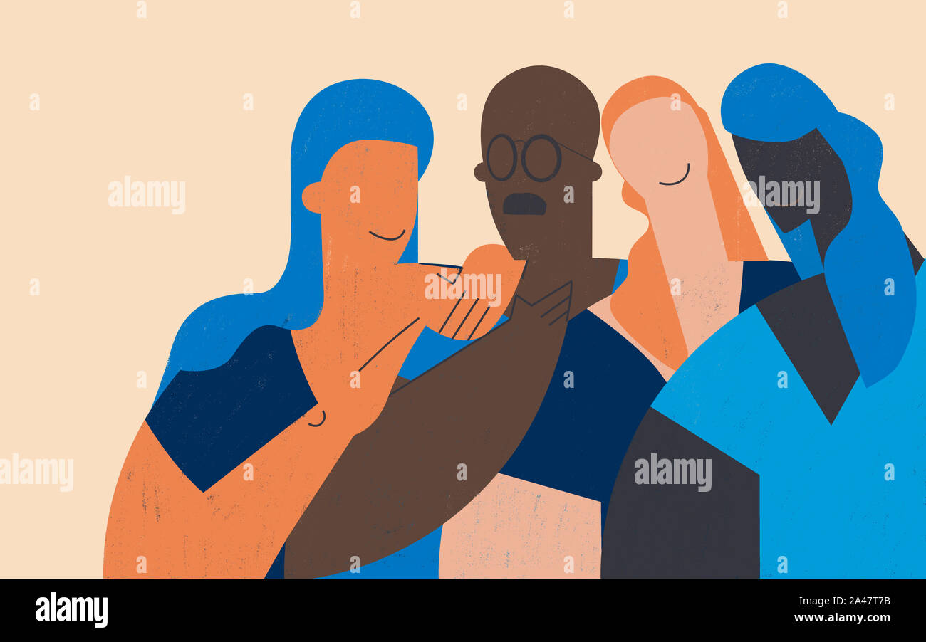 Los hombres y mujeres trabajadores sociales. Un equipo profesional de los cuidadores. Naranja Azul ilustración geométrica. Foto de stock