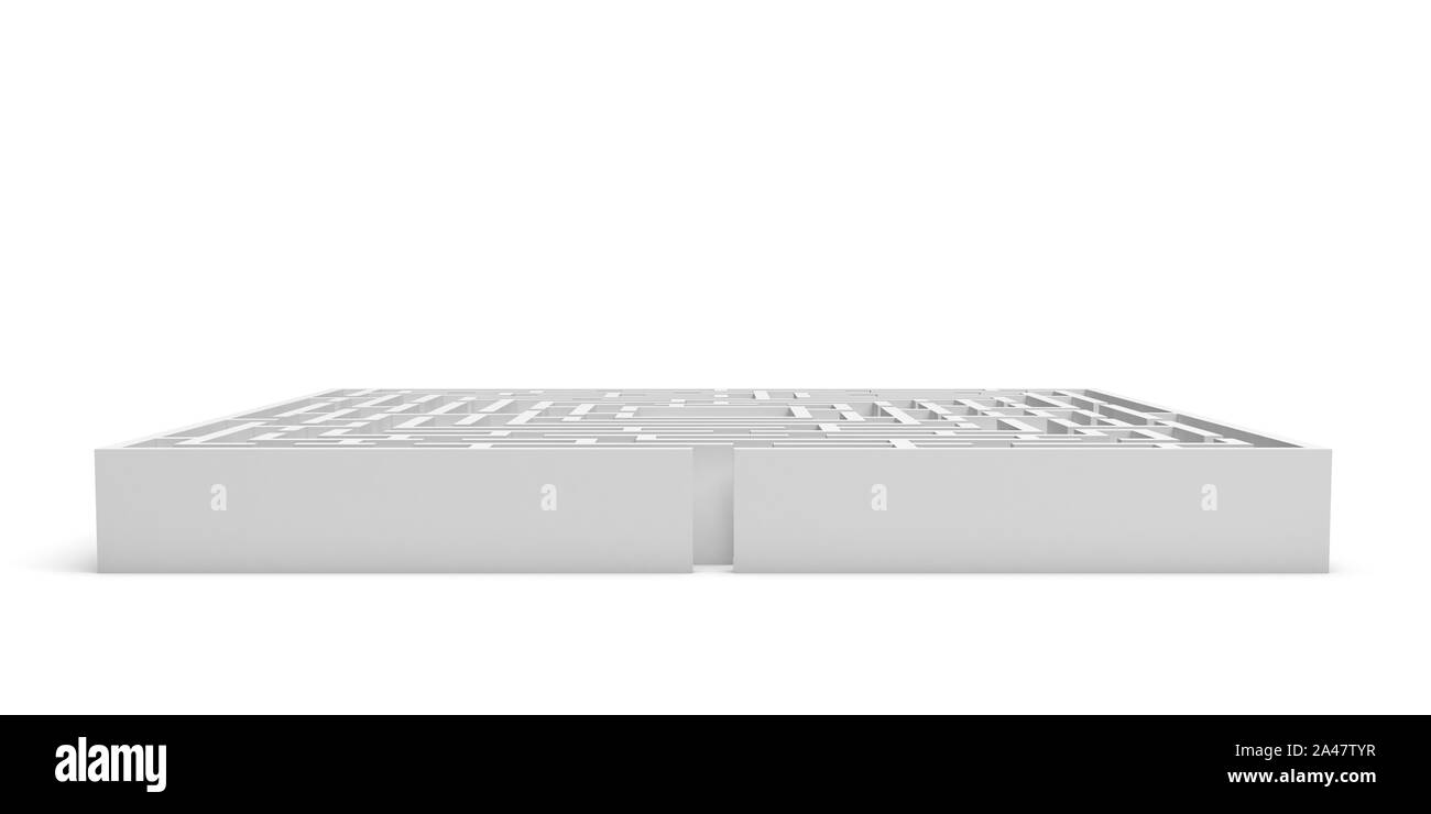 Representación 3D de un laberinto cuadrado blanco sobre fondo blanco. Laberintos y laberintos. Secretos y rompecabezas. Problemas y soluciones. Foto de stock