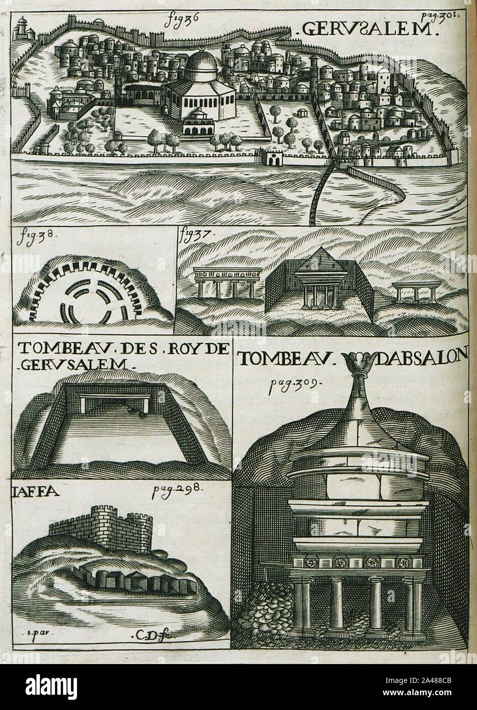 Fig. 36 vistas panorámicas de Jerusalén, Fig. 37 tumbas - Monconys Balthasar De - 1665. Foto de stock