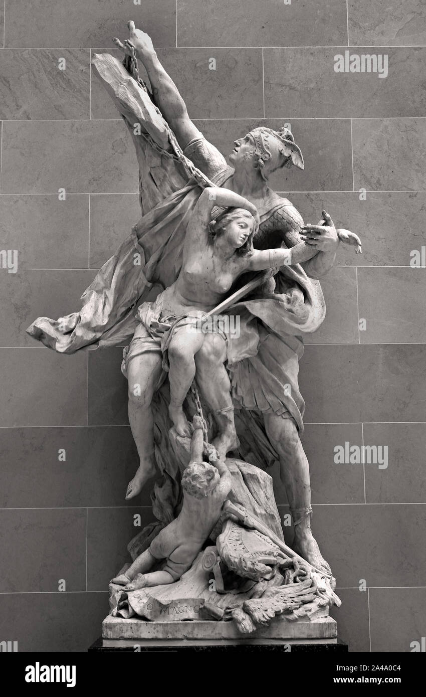 Perseo y Andromeda ( Las Metamorfosis de Ovidio. ) 1685 mármol de Carrara por Pierre Puget 1620 - 1694 ( Andrómeda atada a una roca, está a merced de un monstruo de mar azotando a la región. El monstruo ha sido enviado por Neptuno para vengar Juno, quien está indignada por la belleza de la princesa. Perseo, el sonido de Júpiter y Danae, mató al dragón y juegos gratis de Andrómeda antes de casarse con ella. ) , Francia, Francés . Foto de stock