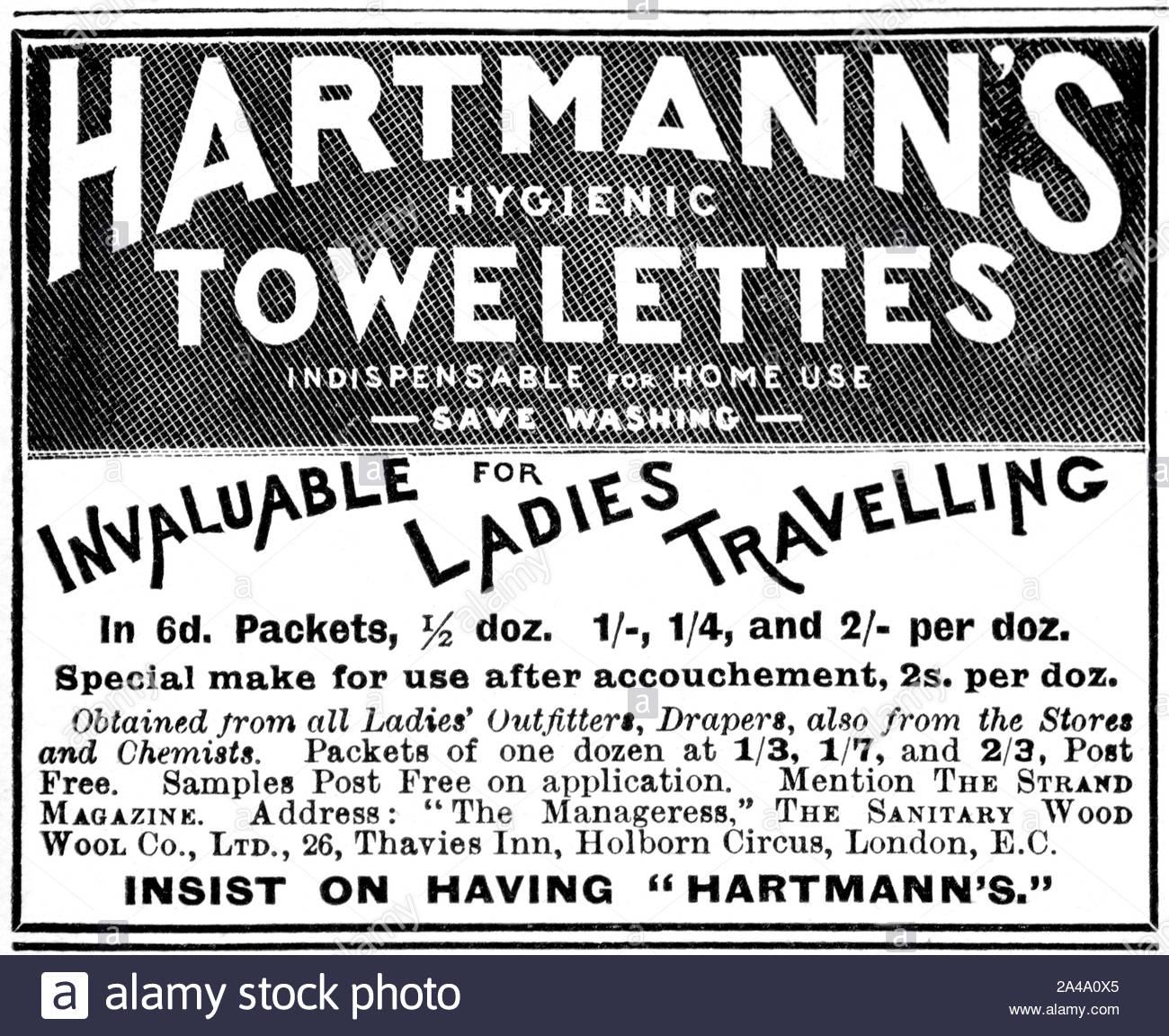 Época victoriana, Hartmann, Toallitas Higiénicas, vintage publicidad desde 1897. Foto de stock