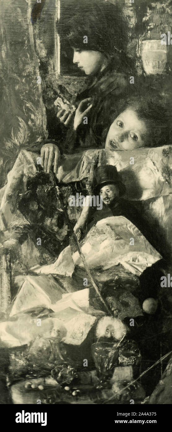Pobre disfrutando como ricos, pintado por el artista italiano Antonio Mancini, 1930 Foto de stock