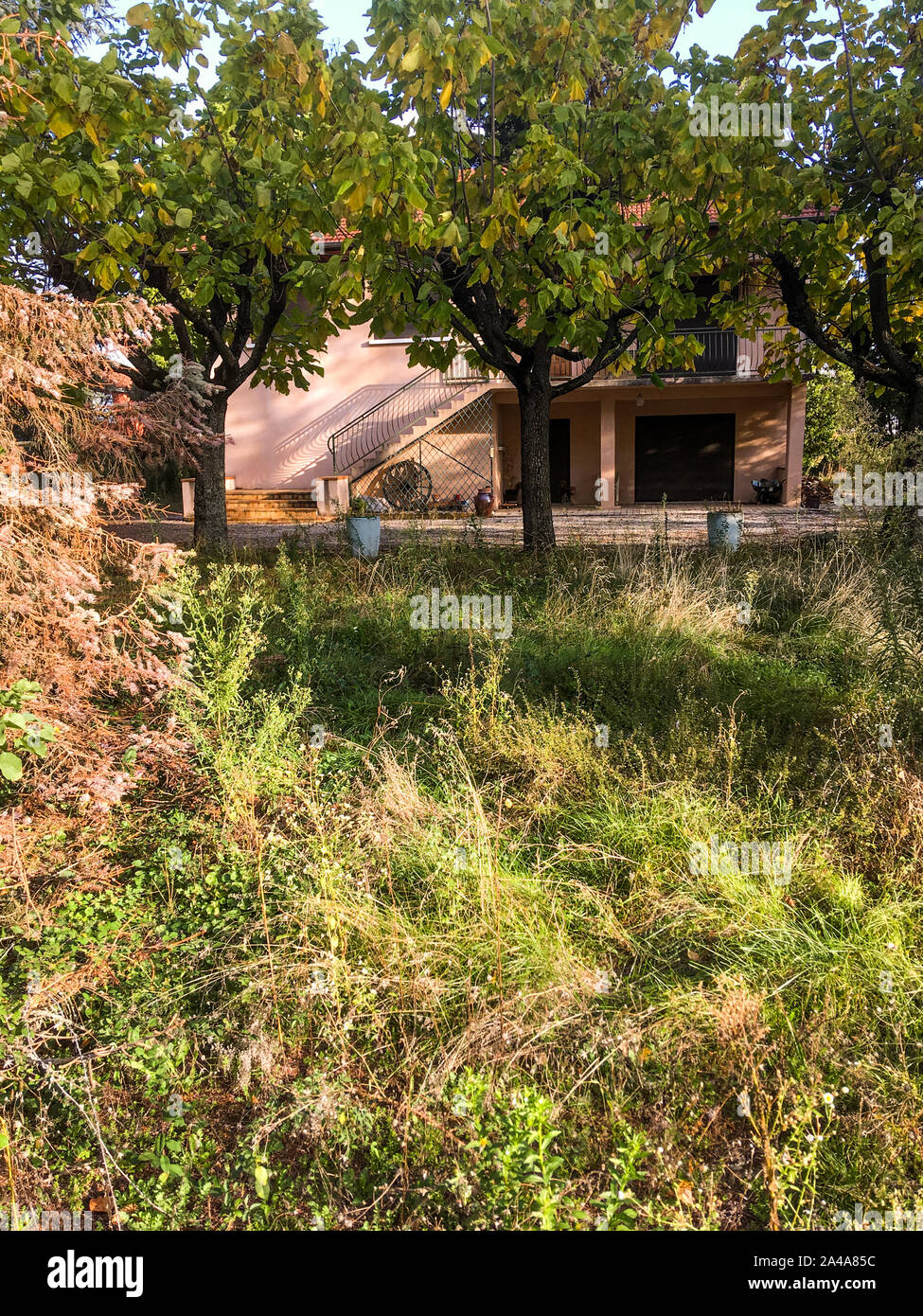 Jardín abandonado tras la muerte del dueño de la propiedad, de Lyon, Francia. Foto de stock