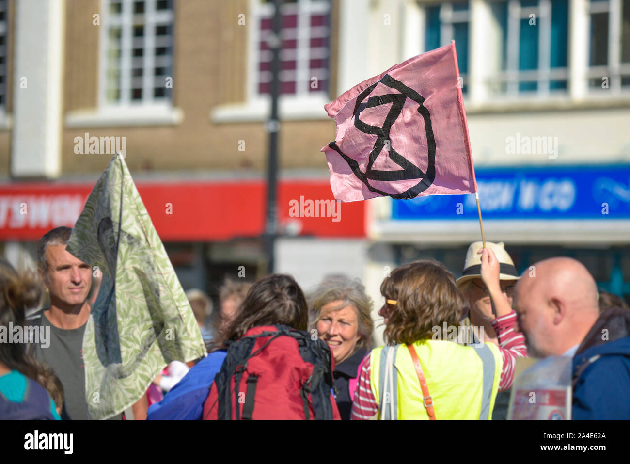 Extinción rebelión banderas celebrada por los manifestantes que participan en la Extinción del clima de rebelión huelga en Truro City en Cornwall. Foto de stock