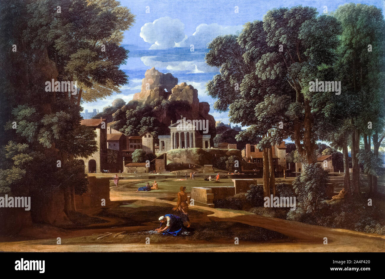 Nicolas Poussin, paisaje con las cenizas de Phocion, pintura, 1648 Foto de stock