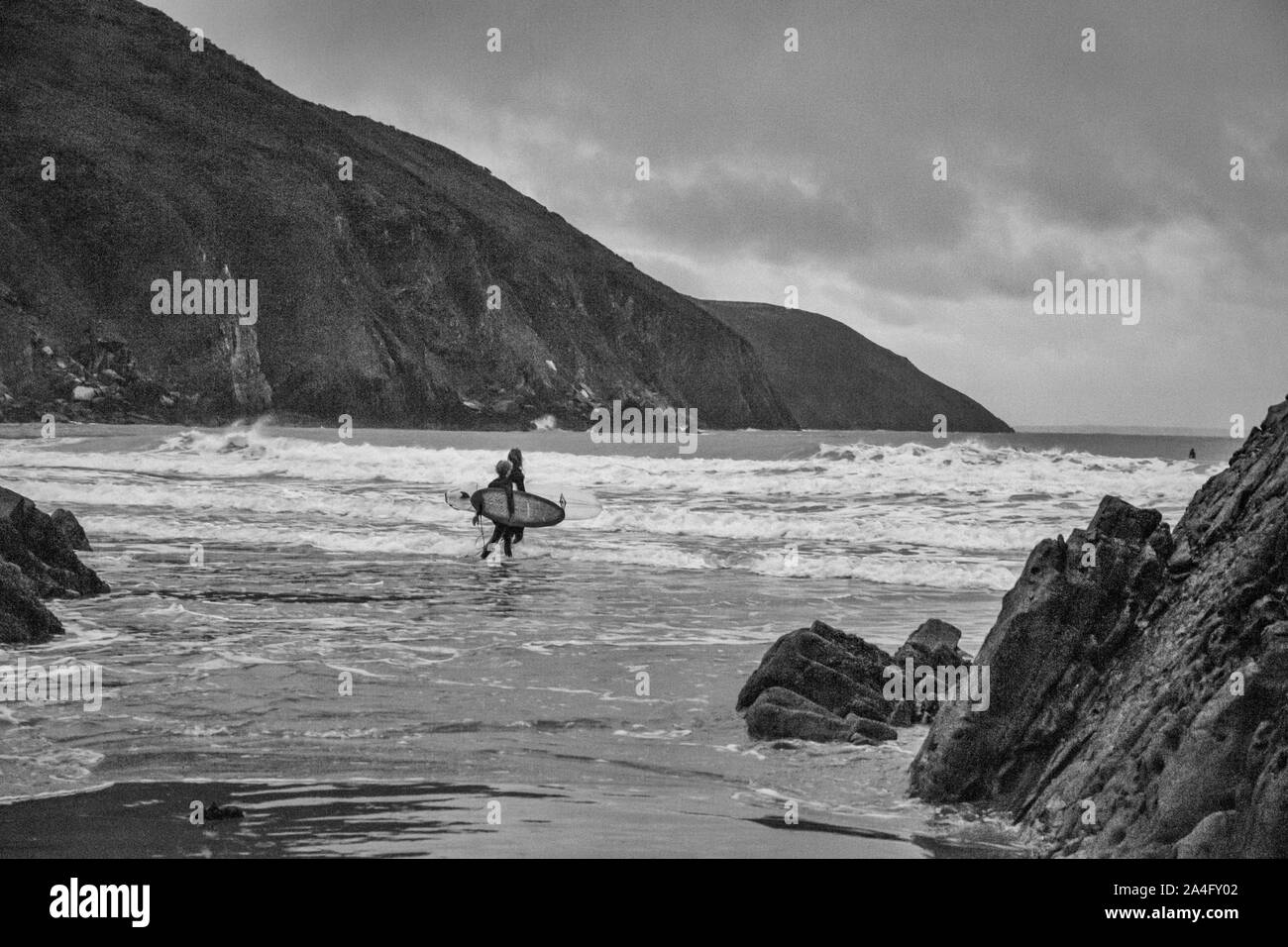 Los surfistas con rumbo a las olas en la luz de la mañana Foto de stock