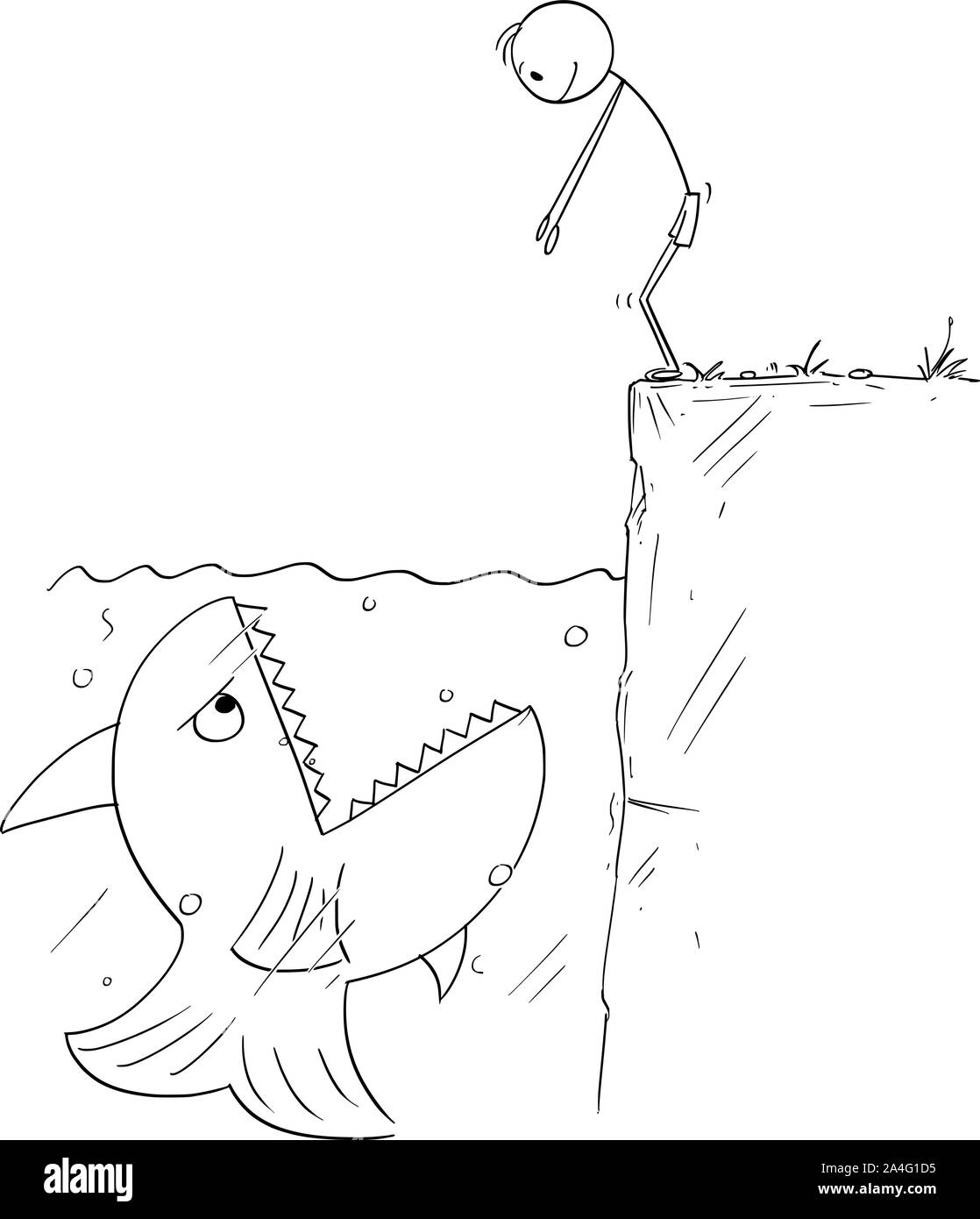 Cartoon vectores stick figura dibujo Ilustración conceptual del hombre o nadador listo para saltar al agua, pero está a la espera de peces gigantes con la boca abierta para comer él. Ilustración del Vector