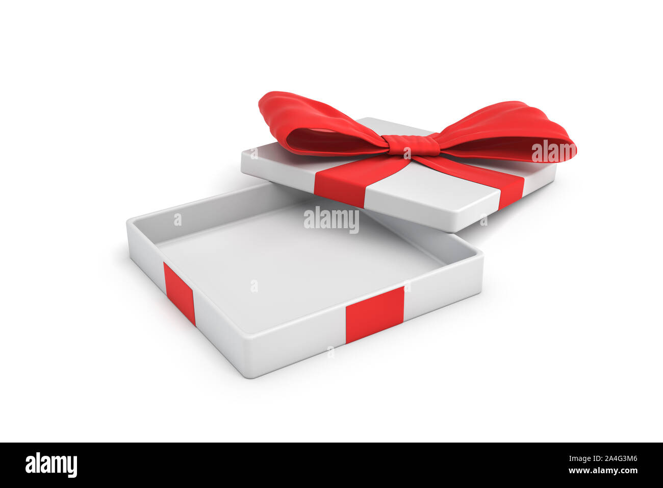 Representación 3D de un plano blanco caja de regalo con un lazo rojo sobre  fondo blanco con tapa abierta. Oferta especial. Regalos y promociones. Caja  vacía Fotografía de stock - Alamy