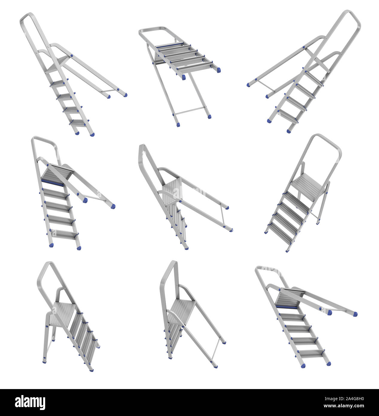 Representación 3D de un arreglo de abrir muchas escaleras de acero sobre un fondo blanco. Suministros del generador. Renovación de equipo. Escaleras y escalones. Foto de stock