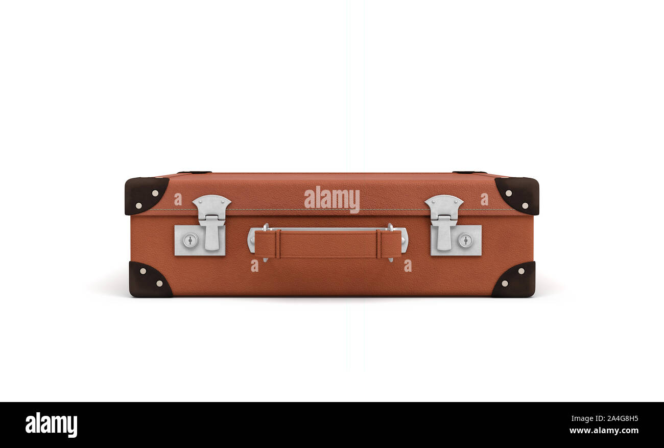 Representación 3D de un marrón vintage maleta cerrada con cierres metálicos sobre fondo blanco. Los y la aventura. El equipaje y la carga. Las maletas y bolsas Fotografía de stock -