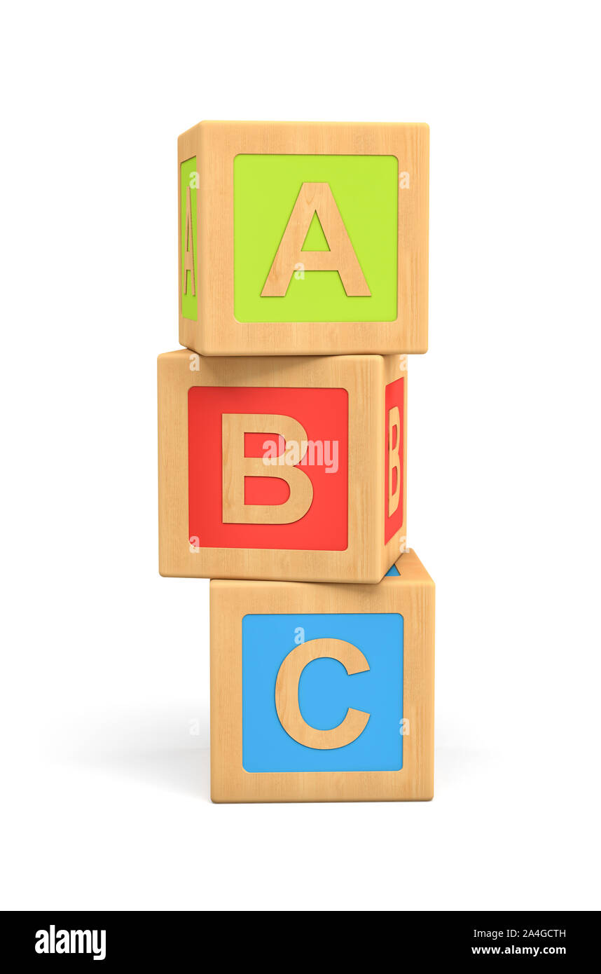 ligeramente Significado Pera Representación 3D de tres cubos de juguetes de madera con letras ABC  aislado sobre fondo blanco Fotografía de stock - Alamy