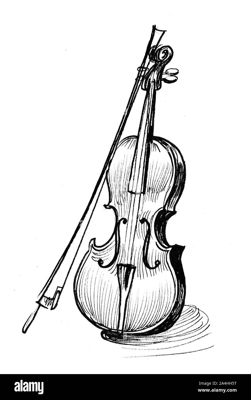 El violín. Instrumento musical. Dibujo en blanco y negro de tinta