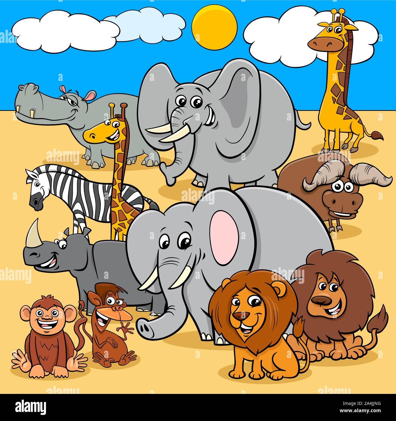 Ilustraciones de dibujos animados feliz grupo de personajes de animales  mamíferos africanos Imagen Vector de stock - Alamy
