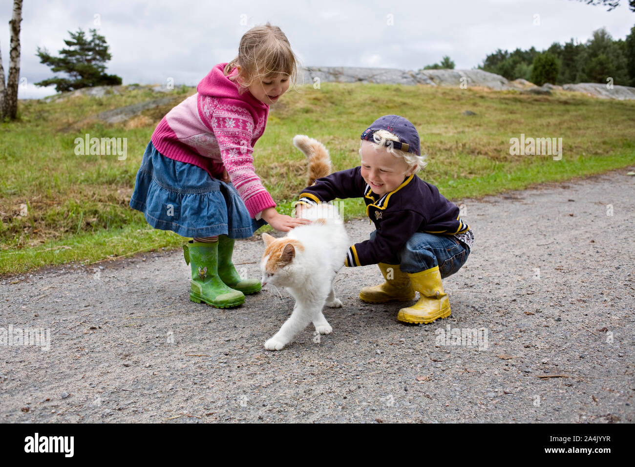 Los niños caricias con cat. Foto de stock