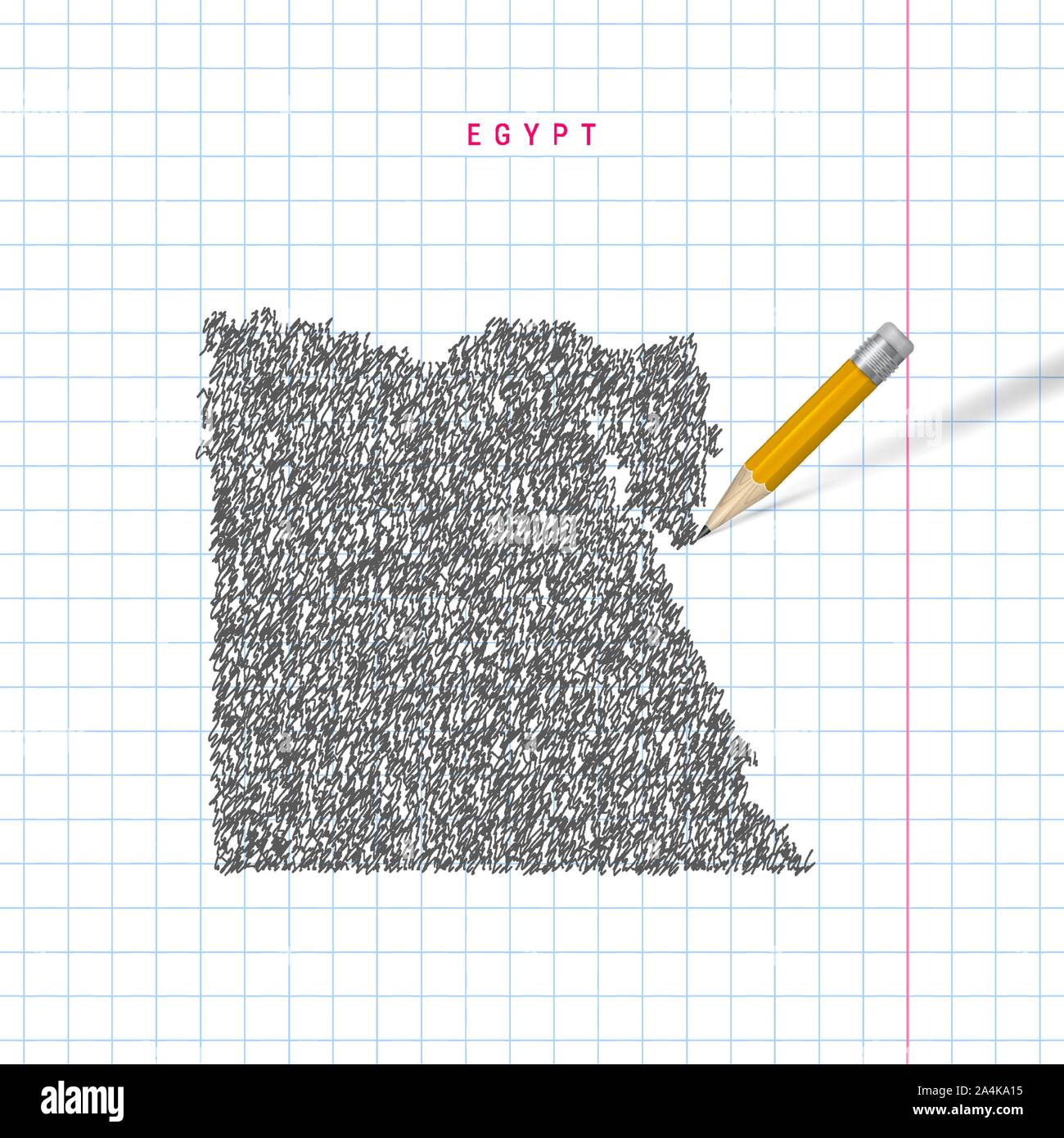 Egipto sketch mapa dibujado a mano alzada sobre papel cuadriculado cuaderno escolar de fondo. Mapa de vectores dibujados a mano de Egipto. Lápiz 3D realistas con caucho Imagen Vector de stock -