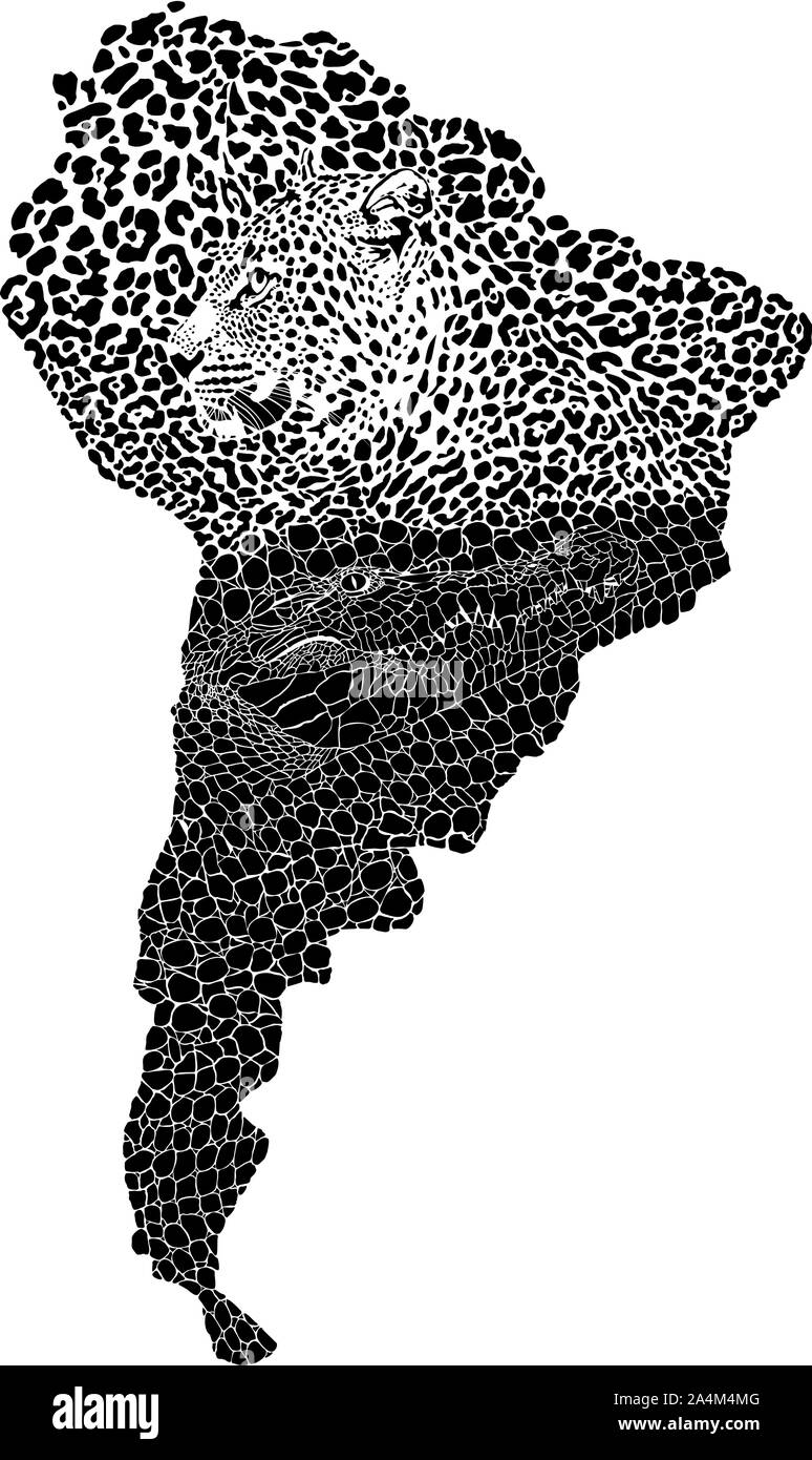 El jaguar y el cocodrilo en el mapa de América del Sur Ilustración del Vector