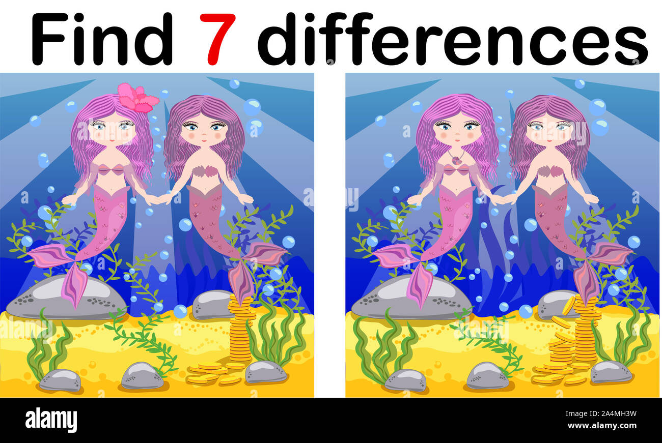 Encontrar diferencias, juegos para niños, el Mermaid bajo el agua con el estilo de dibujos animados, juego para niños de educación preescolar, la actividad de la hoja de cálculo, una tarea para la developm Foto de stock
