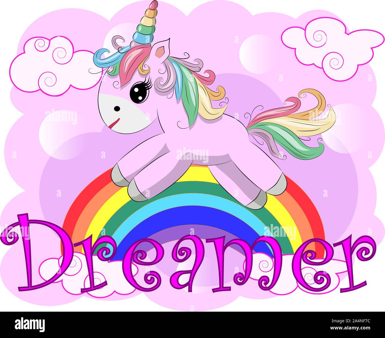 Unicornio rosa en un arco iris. Ilustración infantil, personaje de cuento  de hadas, soñador Fotografía de stock - Alamy