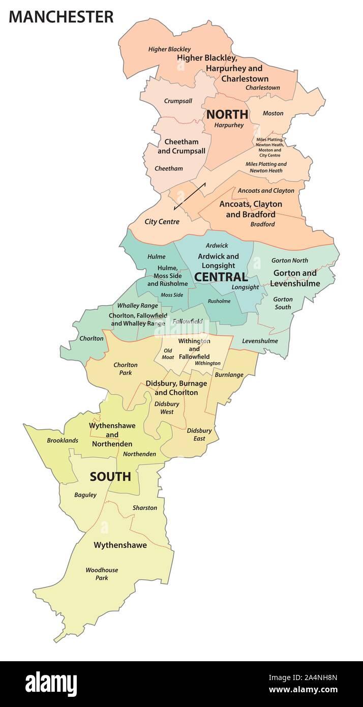 Mapa administrativo del noroeste de la ciudad inglesa de Manchester Ilustración del Vector