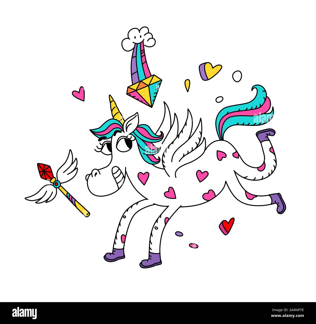 Ilustración de un mágico unicornio. Vector. Cartoon hero lindo caballo con un cuerno. Kawaii personaje. Criatura mítica, simboliza la castidad. Pegatina con un Ilustración del Vector