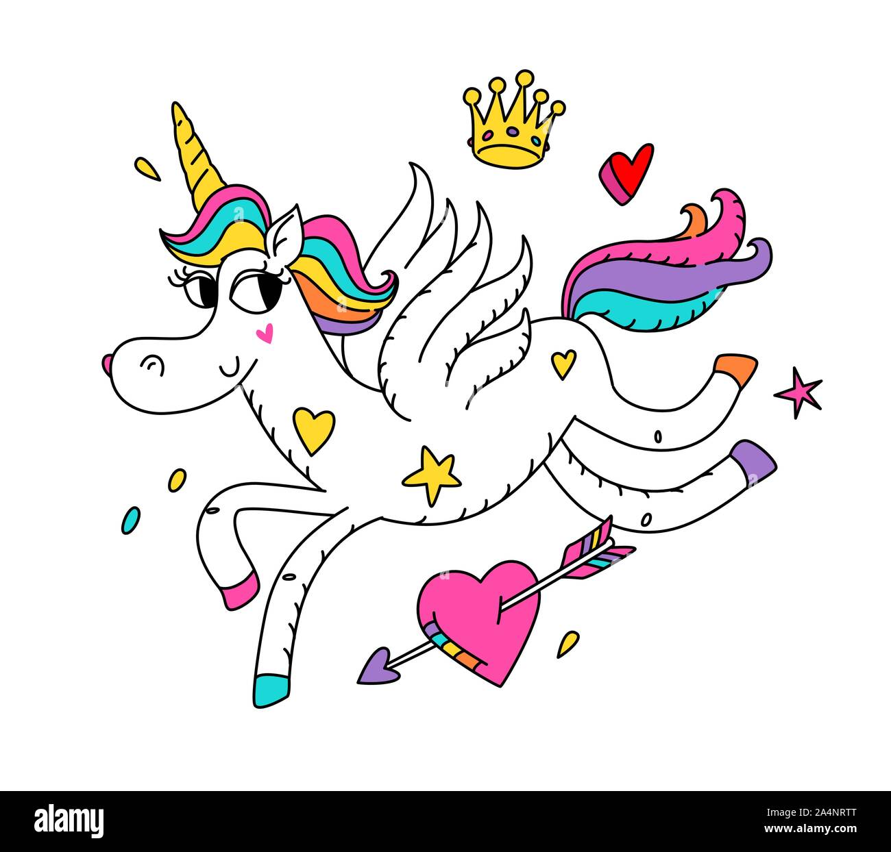 Ilustración de un unicornio mágico con alas. Vector. Cartoon hero lindo caballo con un cuerno. Kawaii personaje. Criatura mítica, simboliza chast Ilustración del Vector