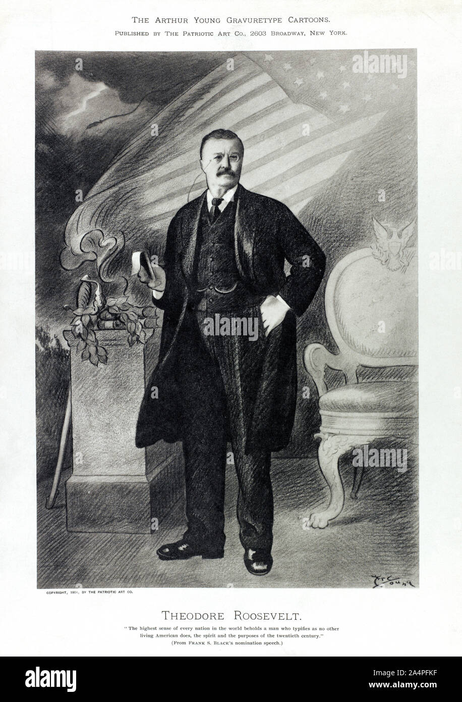 Theodore Roosevelt (1858-1919), 26º Presidente de los Estados Unidos, 1901-09 Full-Length retrato, ilustraciones por Arthur Young, Arthur Young Gravuretype caricaturas, publicada por el arte patriótico Co., 1904 Foto de stock
