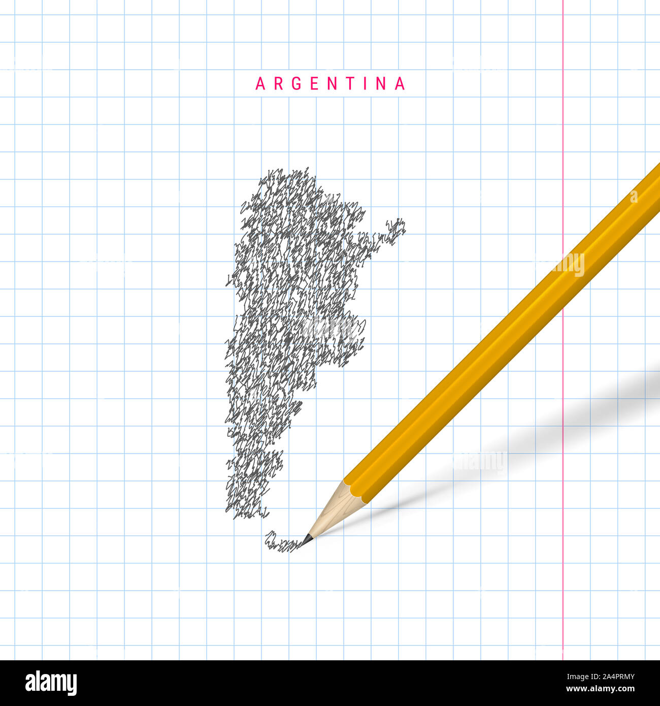 Argentina croquis mapa dibujado a mano alzada sobre papel cuadriculado cuaderno de fondo. Mapa a mano Argentina. Lápiz 3D realistas de stock - Alamy