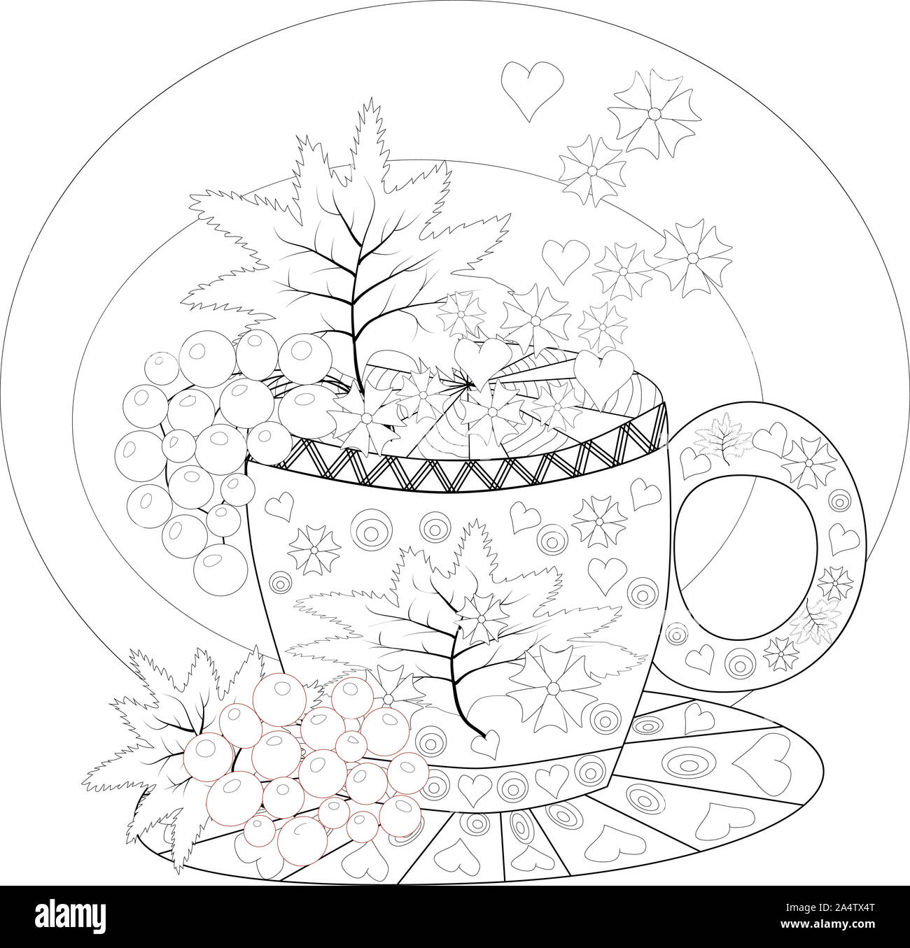 Libro para colorear de dibujar a mano para adulto. La hora del té. Tazas de  Té, frutas y flores Fotografía de stock - Alamy