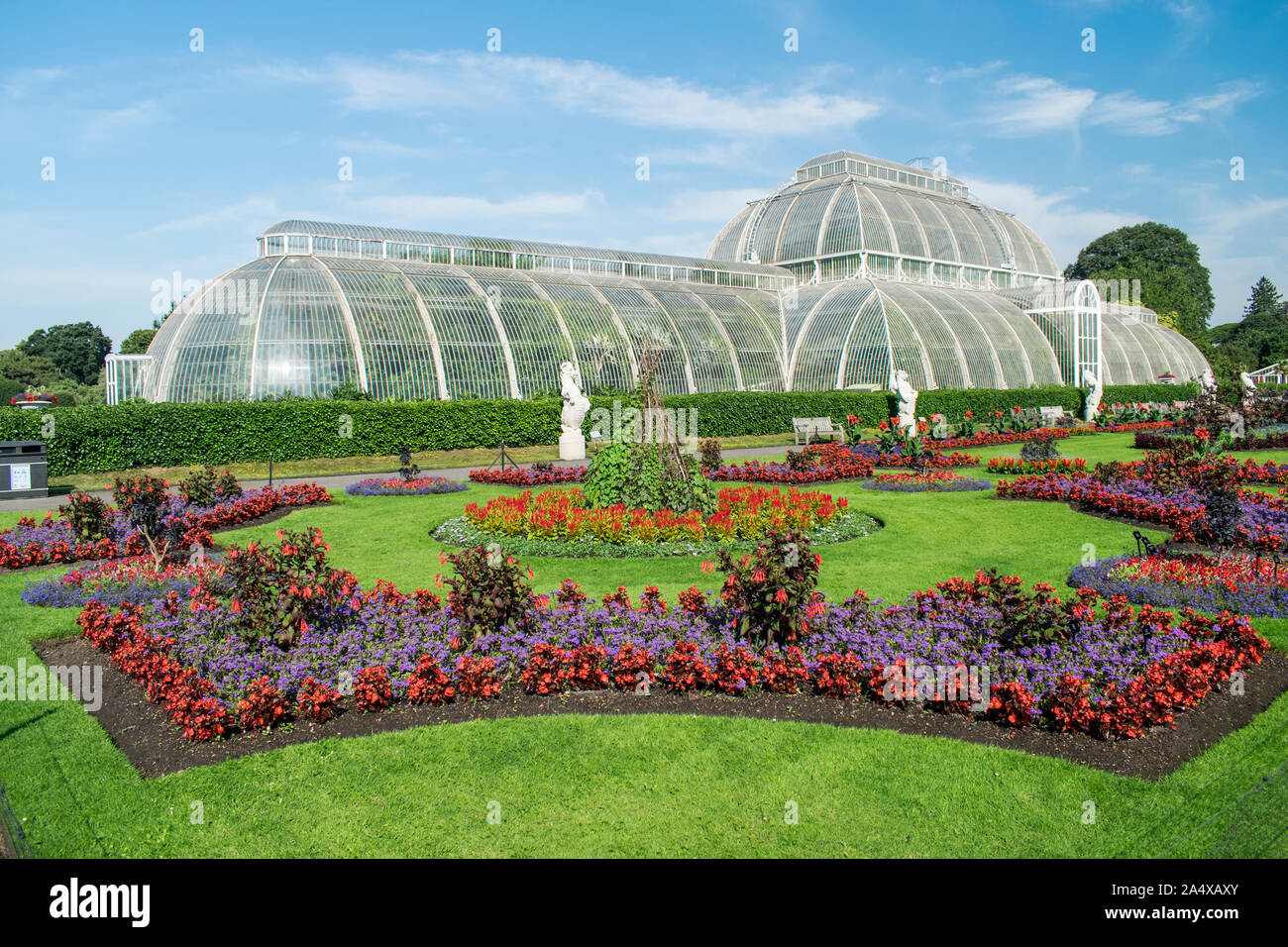 La Casa de las palmeras en los jardines Kew con pantalla de flor en flor sin gente a la vista, el Royal Botanic Gardens, Kew, Londres, Inglaterra Foto de stock