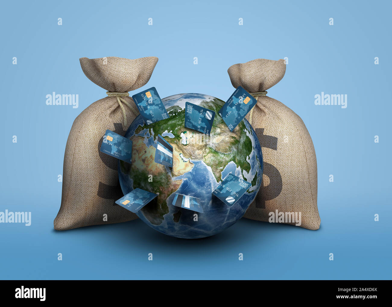 Representación 3D de un globo terráqueo rodeado por dos grandes moneybags y con tarjetas bancarias sobresaliendo de su superficie como cuchillos. Foto de stock