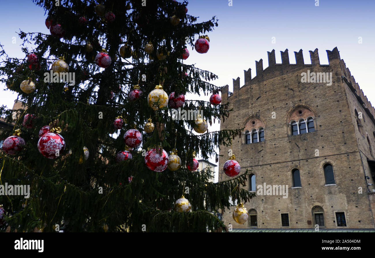 El gran árbol de navidad en la plaza principal de Bologna, Italia