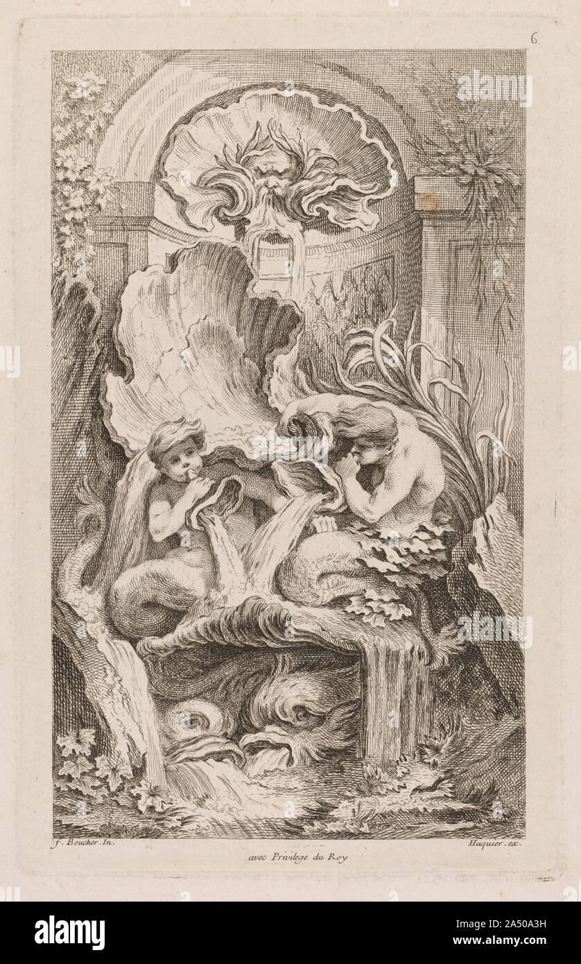 Libro de fuentes: nº 6, c. 1736. Imprime francés promover l&#x2019;arte rocaille (piedra y shell art) o ir&#xfb;t pintoresco (pintoresco sabor) migrar rápidamente en toda Europa y ha influido en el desarrollo de un servicio internacional de estilo rococó. El dibujo de la izquierda es uno de Boucher&#x2019;s imprime diseños para un conjunto de fuentes ornamentales, dos de las cuales están en exhibición. Boucher funde las formas de animales, piedras, conchas, criaturas mitológicas, y los seres humanos en fantasiosas cascadas con un sentido de equilibrio inestable. Foto de stock
