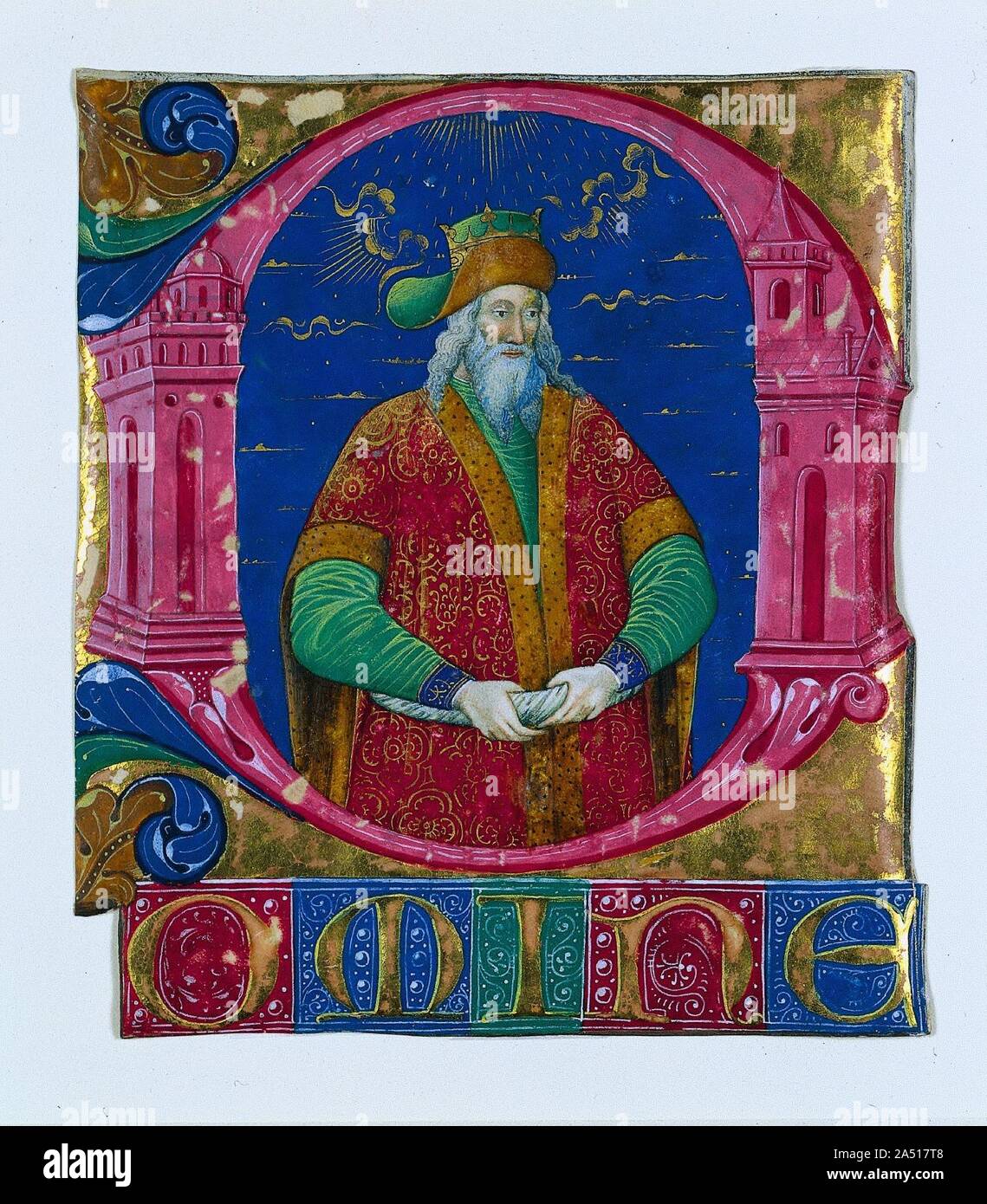 Omine inicial[D] de un libro coral: El rey Salomón, c. 1470-1480. La  primera D toma la forma del templo de Jerusalén, construido por el rey  Salomón, quien ocupa el espacio interior del