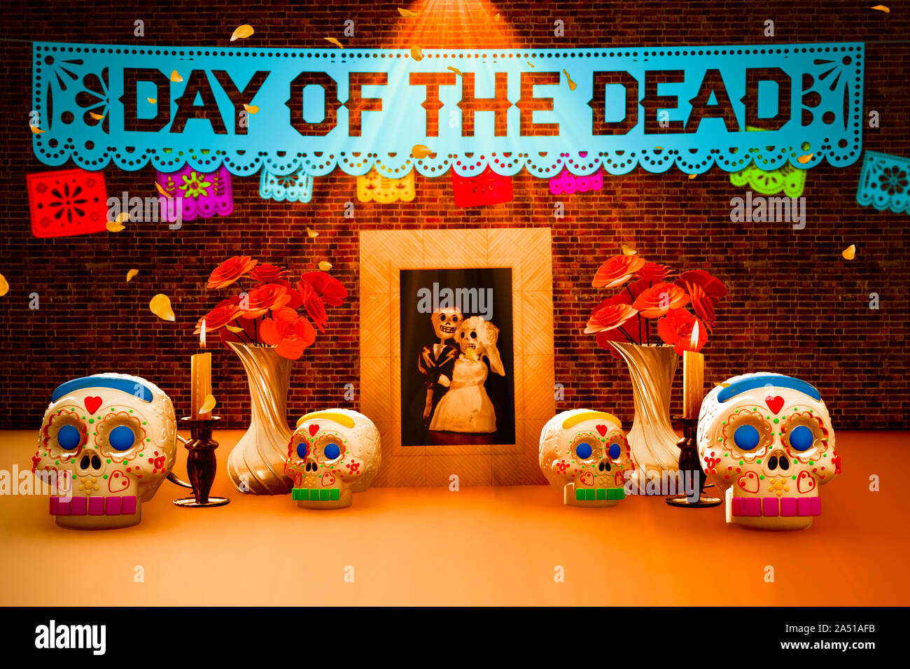 El día de los muertos, ofrenda mexicana con una imagen y letras en inglés  Fotografía de stock - Alamy