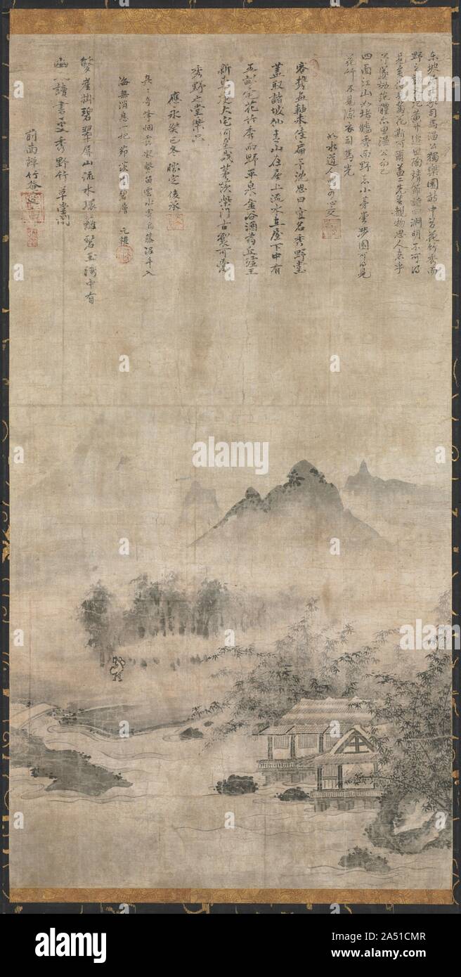 Paisaje, c. 1414. Esta composición fue modelado después de las obras creadas por los clérigos Zen del período Muromachi (1392-1573), que a menudo se añaden sus poemas de estilo original en chino sobre una pintura de tinta para hacer una horca llamado shigajiku desplazamiento . Los poemas aquí cita de ensayos sobre la Sima Guang (1019-1086) por la dinastía Song literatus Su Shi (1037-1101). Ellos interpretan el estudio rodeado de bambú como una metáfora para el jardín de la sima, la dinastía Song erudito-funcionario que, a imitación de los Tang poeta Bai Juyi, disfrutamos del jardín en aislamiento durante su exilio en Luoyang. Foto de stock