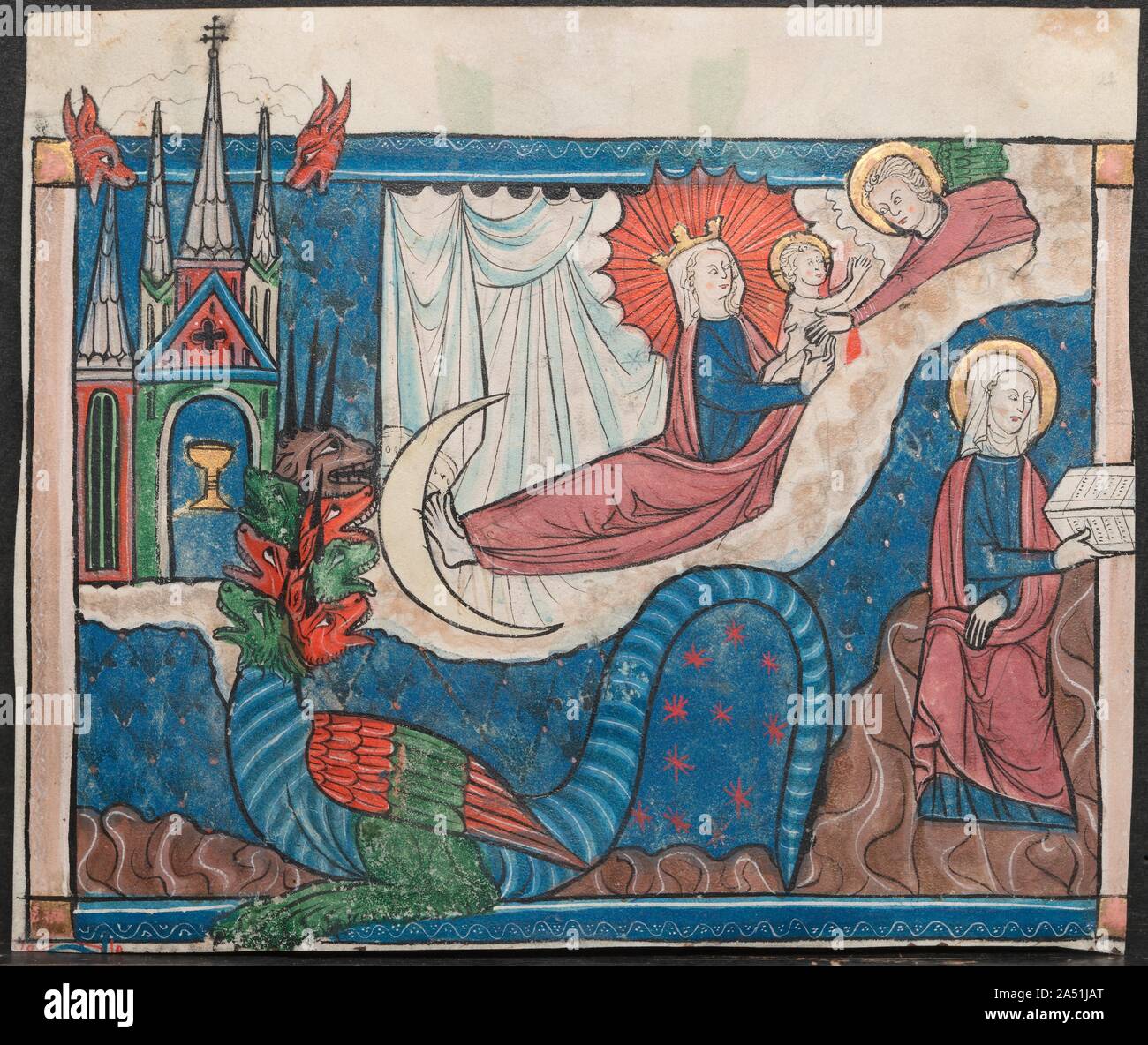 Miniatura de un manuscrito del Apocalipsis: La mujer vestida de sol y la guerra en el cielo, c. 1295. El visionario texto de san Juan el Evangelista del Apocalipsis, el último libro Miniatura de un manuscrito del Apocalipsis: La mujer vestida de sol y la guerra en el cielo, c. 1295. El visionario texto de san Juan el Evangelista del Apocalipsis, el último libro