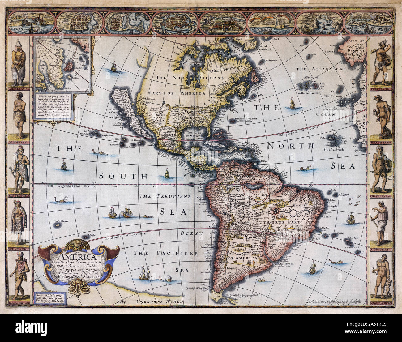 Mapa de América publicado por el cartógrafo John velocidad circa 1627. La orla inferior izquierda, lee: América con las conocidas piezas en que unknowne worlde ambas personas y la forma de los edificios. California es representado como una isla. Foto de stock