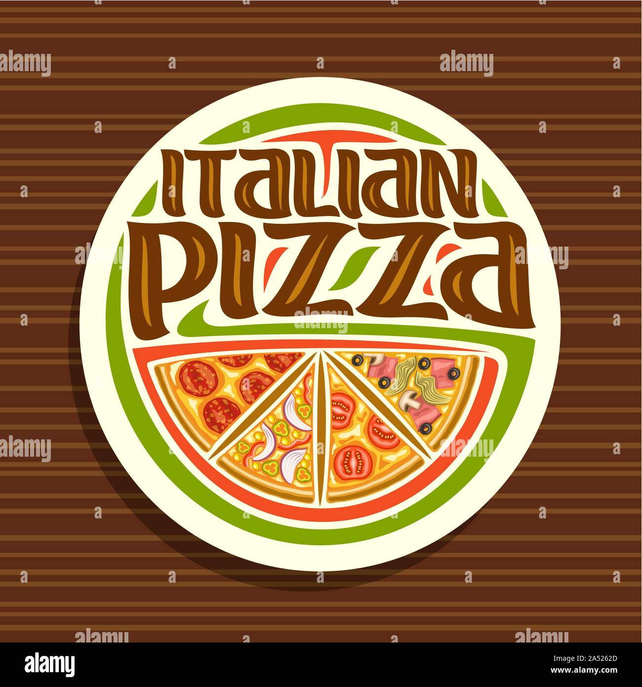 Vector logo para pizza italiana, signo redondo blanco para pizzería con 4 lonchas de piezas de diferentes tipos de pizza vista superior, tipo de letra original de palabras itali Ilustración del Vector