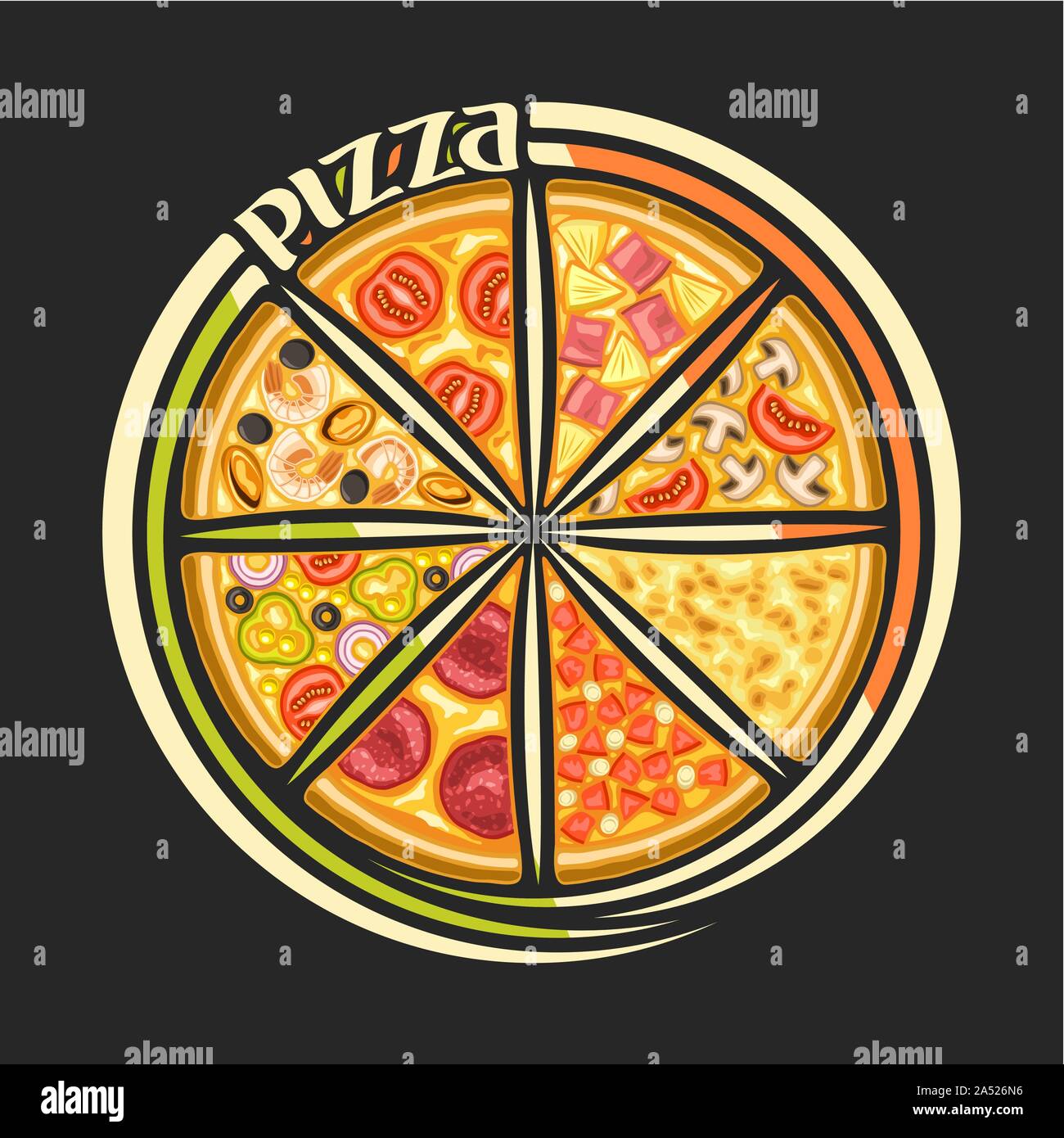 Vector logo para pizza italiana, signo redondo para pizzería con 8 lonchas de piezas de diferentes tipos de pizza vista superior, tipo de letra original para word pizza, Ilustración del Vector