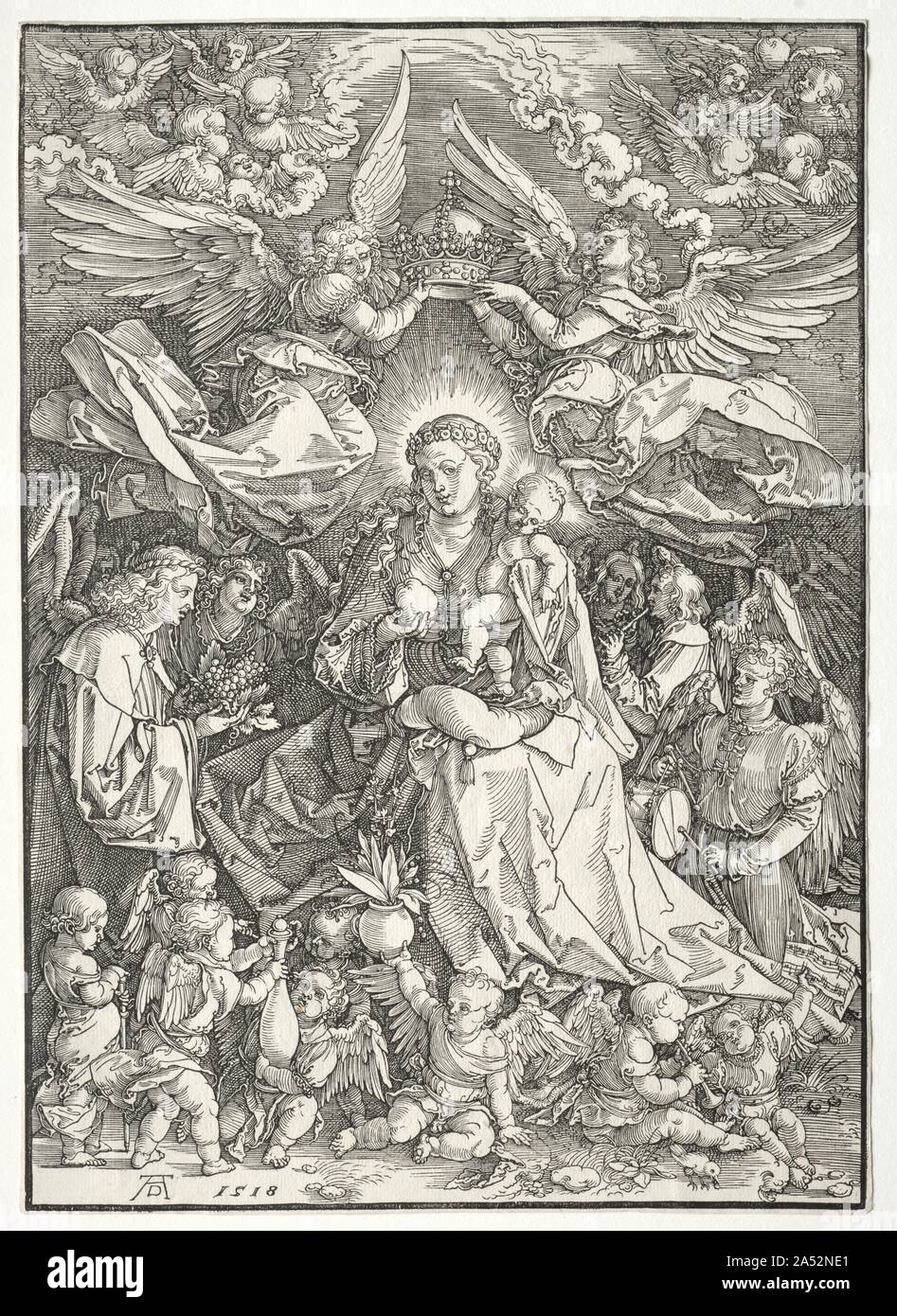 La Virgen rodeada de muchos ángeles, 1518. En esta animada ciudad de la xilografía, Dürer evoca la coronación de la Virgen, el último evento en el ciclo de oraciones conocidas como los La Virgen rodeada de muchos ángeles, 1518. En esta animada ciudad de la xilografía, Dürer evoca la coronación de la Virgen, el último evento en el ciclo de oraciones conocidas como los