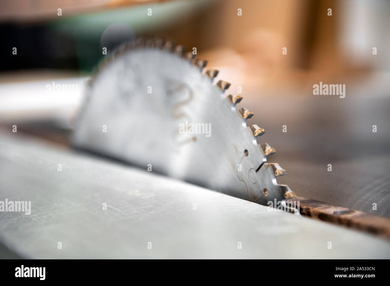 Detalle de cierre de la cuchilla de una sierra circular mostrando los dientes en el enfoque selectivo en un taller de ebanistería Foto de stock