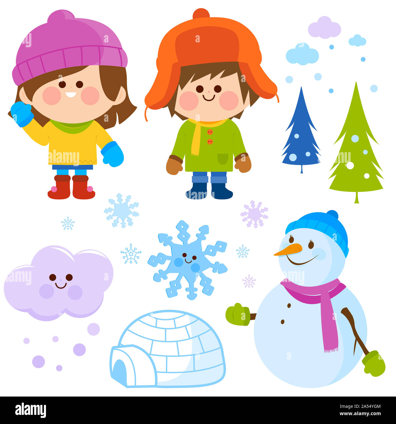 https://c8.alamy.com/compes/2a54ygm/juego-de-invierno-con-ninos-que-vestian-ropa-de-invierno-calido-muneco-de-nieve-un-iglu-y-copos-de-nieve-2a54ygm.jpg