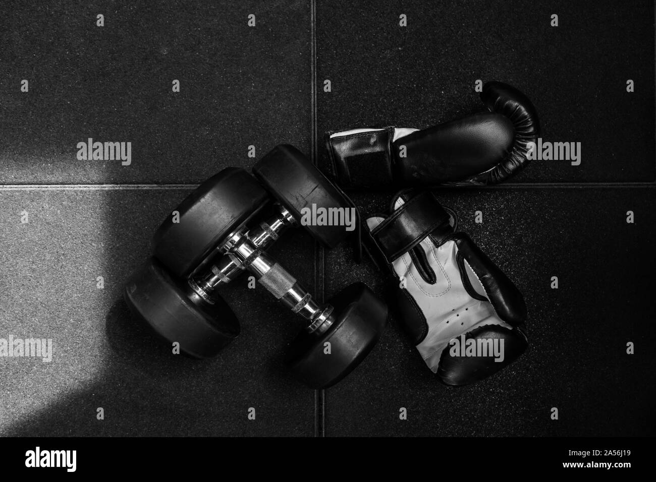 Dos pesas para fitness y guantes de boxeo en blanco y negro en el piso de caucho. Foto de stock