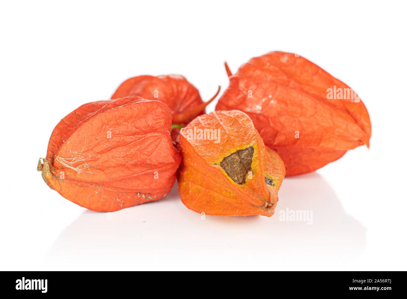 Todo grupo de cuatro naranjas frescas physalis aislado sobre fondo blanco. Foto de stock