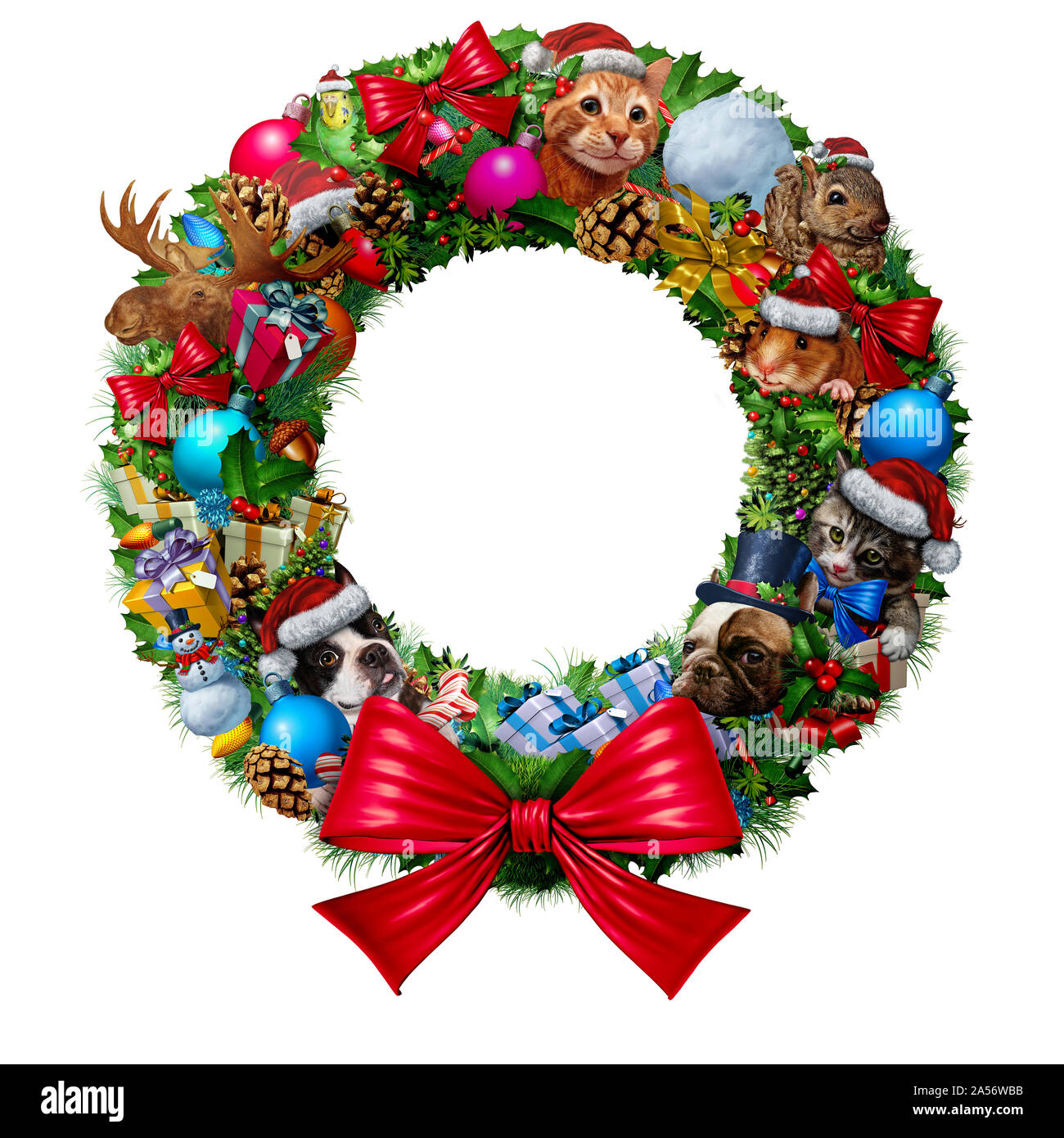 Decoración de Navidad como un círculo banner con vintage decorativos invierno festivos adornos y ramas de pino con animalitos y mascotas. Foto de stock
