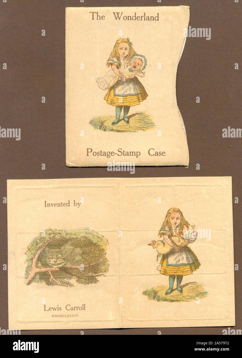 El Wonderland Postage-Stamp con tarjeta para sellos diseñados por Lewis Carroll 1890 Foto de stock