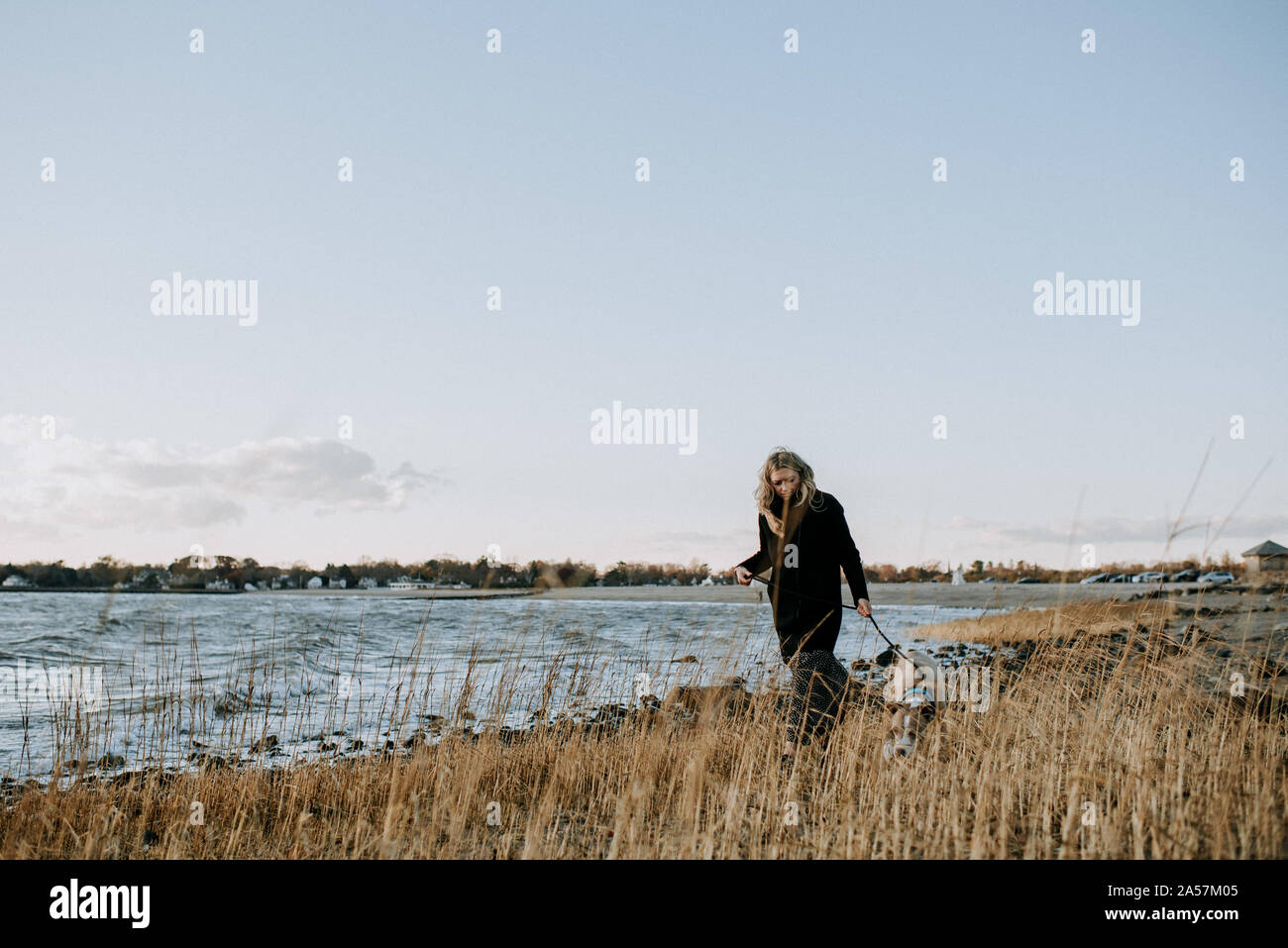 Mujer paseando a un perro en la playa en el invierno Foto de stock